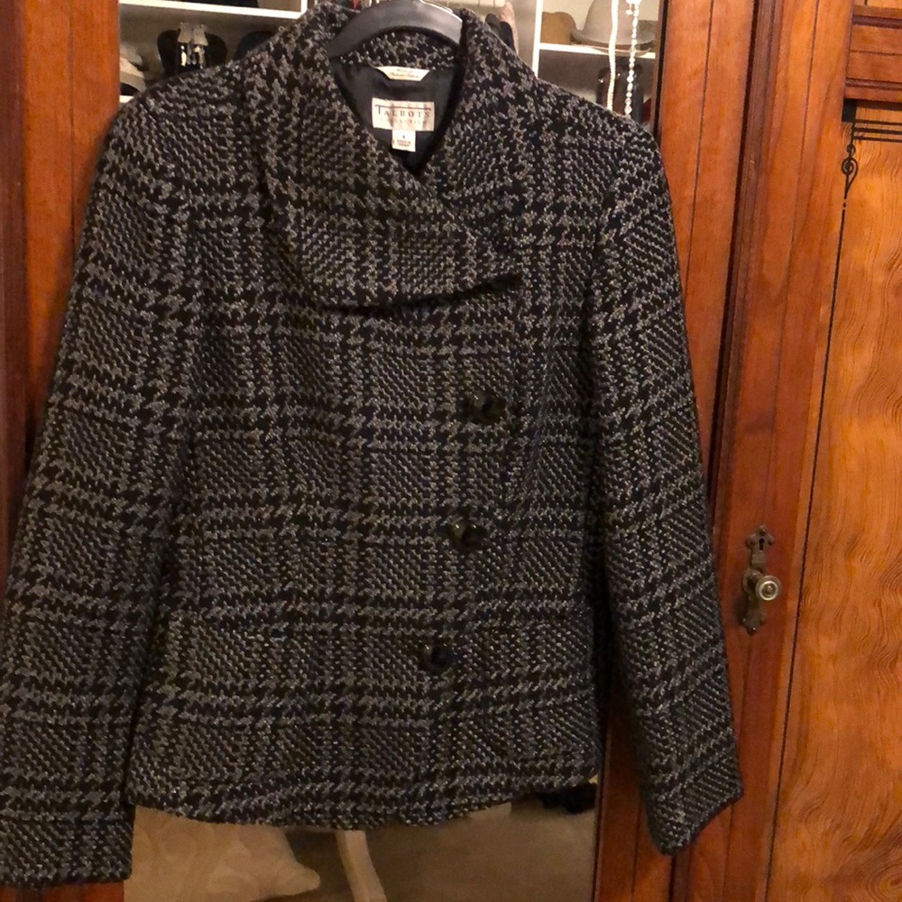 Talbots Collection black and grey plaid with metallic sheen jacket